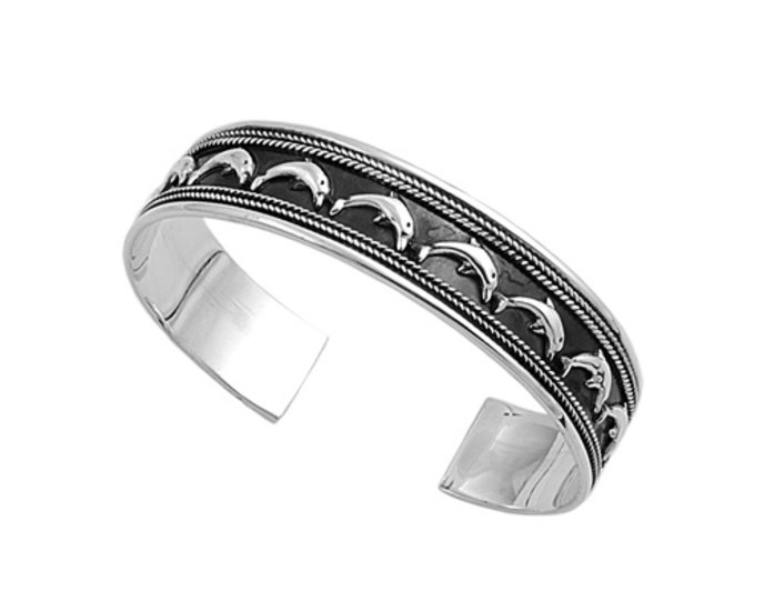 15mm Oxidized Plain Silver Cuff Bracelet with Dolphin Desing Sterling Silver