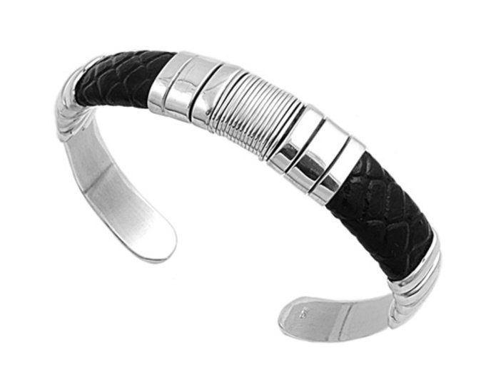 9mm Plain Silver Cuff Bracelet with Carbon Fiber Inlay Sterling Silver
