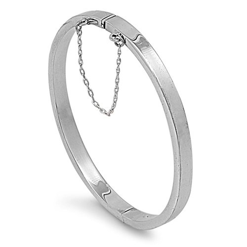 Silver Plain Bangle Bracelet with Safety Chain Sterling Silver