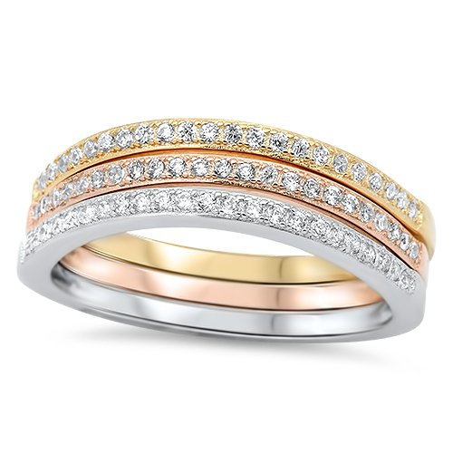 PAVE TRIPLE BAND STACKABLE RING Rose Yellow Gold Solid Sterling Silver Sterling