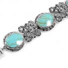 16mm Vintage Turquuise and Flower Silver Marcasite Tennis Bracelet Sterling Silv