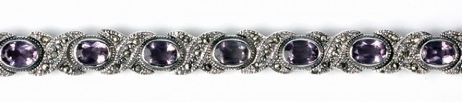 Vintage Inspired X Linked Amethyst Silver Marcasite Tennis Bracelet Sterling Sil