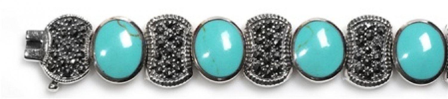 Vintage Inspired Turquoise and Black CZ Silver Marcasite Bracelet Sterling Silve