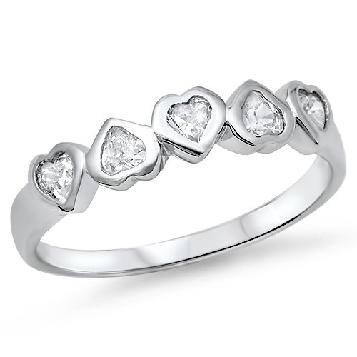 5 Bezel Set CZ Hearts 925 Solid Sterling Silver Band Ring Sterling Silver  Weddi