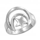 925 Solid Sterling Silver Ring - Moon And Star Band 16mm
