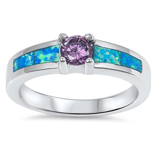 AMETHYST CZ & BLUE FIRE OPAL INLAY RING Solid Sterling Silver Band Size 5-10