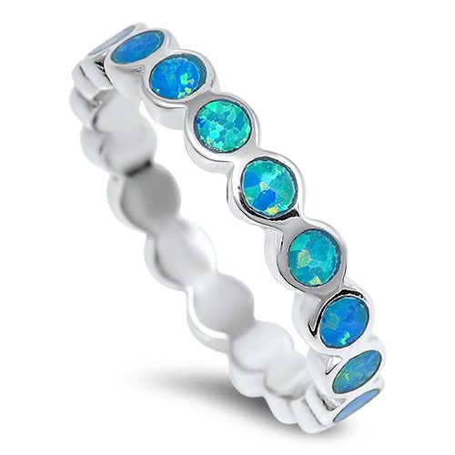 4MM BEZEL SET BLUE FIRE OPAL INLAY Sterling Silver Wedding Band Ring Size 6-9