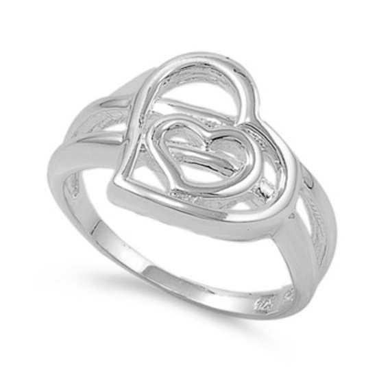 925 Solid Sterling Silver Ring -  Heart Band 12 mm