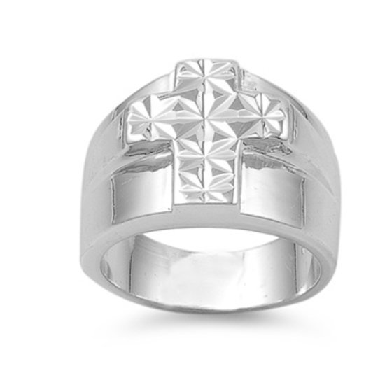 925 Solid Sterling Silver Ring - Cross Band 14 mm