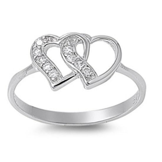 Double Heart Shape Cubic Zirconia Fashion Ring Sterling Silver CLEAR
