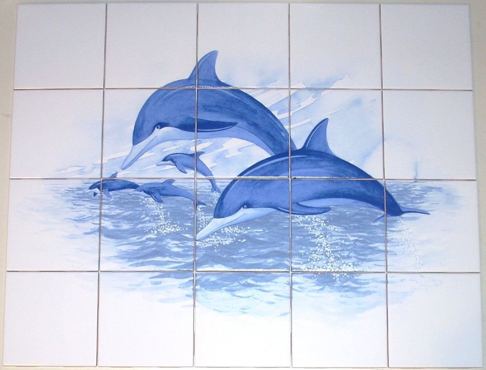 Closeout Blue Dolphin Ceramic Tile Mural 20pcs 4.25" Kiln Fired Back