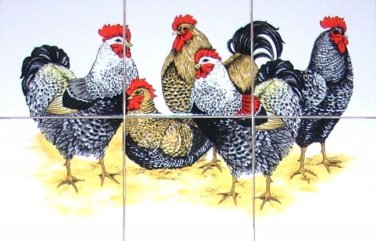 Chicken Rooster Ceramic Tile Mural 6pcs 4.25" Kiln Fired Decor Black Speckled