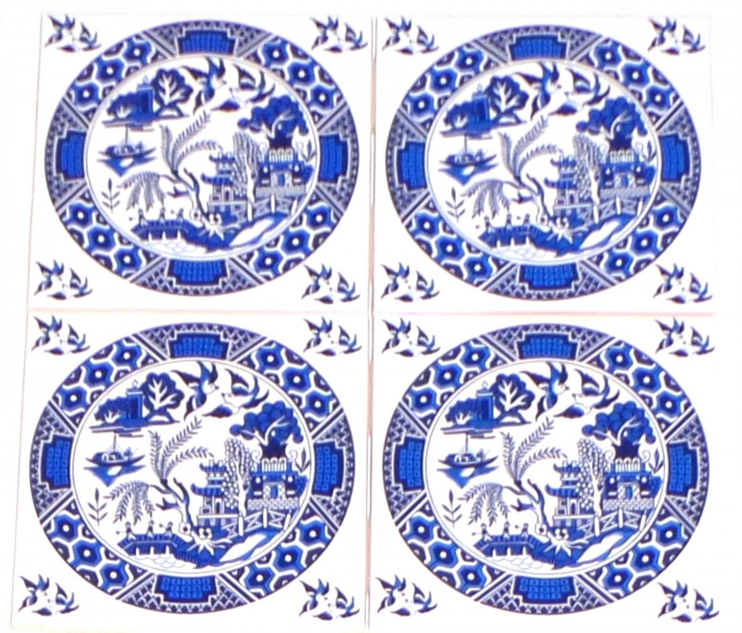 Closeout Blue Willow Ceramic Tile set of 4 of 4.25" x 4.25" Kiln Fired