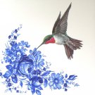 Red Throat Hummingbird with Blue Ceramic 4.25" Accent Tile Kiln Fired Decor