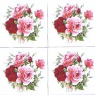 FOUR Summertime Rose Flower 4.25" x 4.25" Kiln Fired Ceramic Tile Decor
