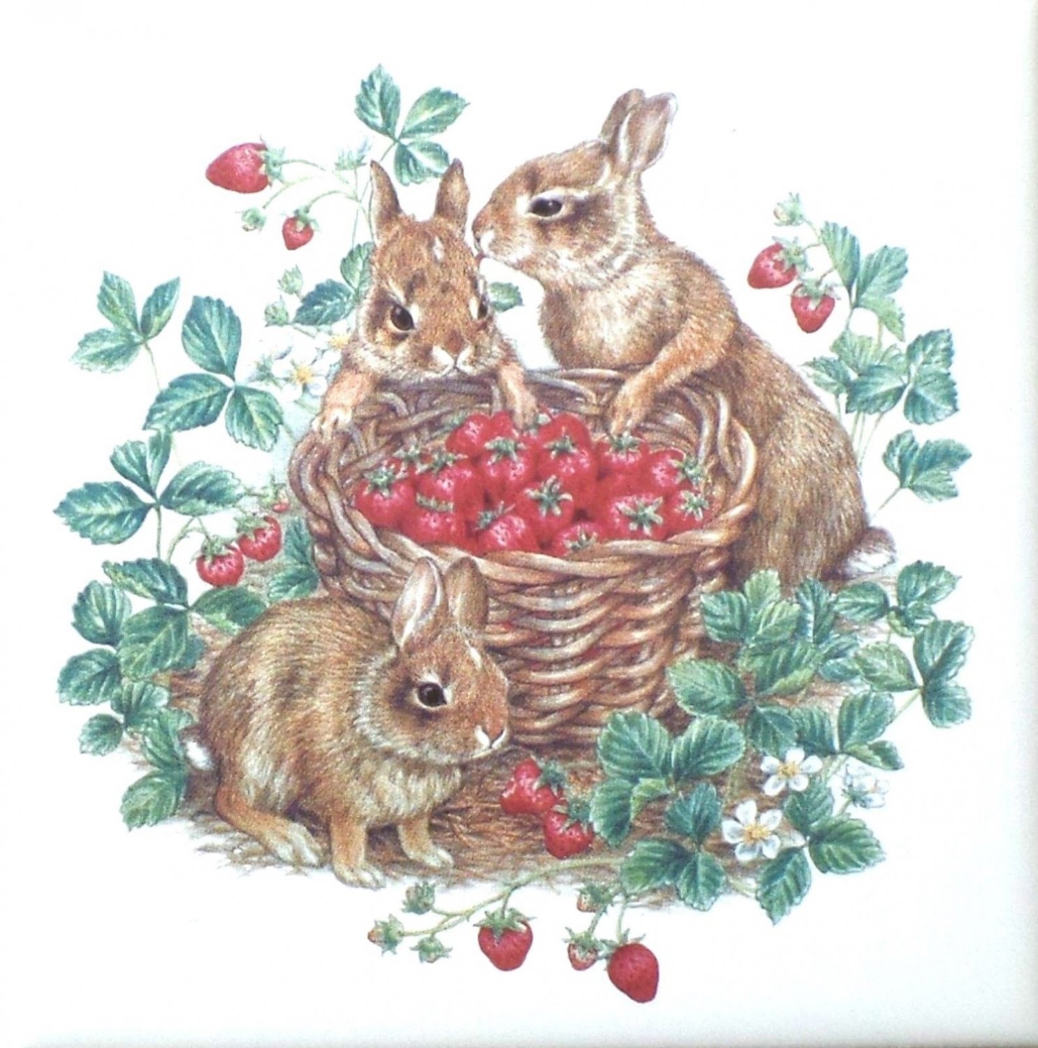 Brown Rabbits and Strawberry Basket 4.25