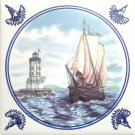 Nautical Blue Delft Design Sailing Ship w/ light house Kiln fired 4.25" x 4.25"