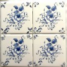 Blue and White Roses and Ribbons Delft design Ceramic Tiles 4.25" x 4.25" Kiln Fired set 4