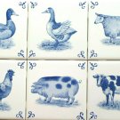 Blue Delft Design 6 Farm Animals 4.25" x 4.25" Kiln Fired Tiles Cow Sheep Rooster Blue Delft Design 6 Farm Animals 4.25" x 4.25" Kiln Fired Tiles Cow Sheep Rooster