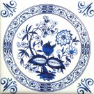 Blue Onion Ceramic 4.25" Tile Kiln Fired Decor with Decorative Swirl Corners Blue Onion Ceramic 4.25" Tile Kiln Fired Decor with Decorative Swirl Corners