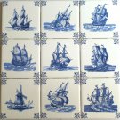 Blue Nautical Delft Design Ships and Windmill Set of 9 of 4.25" Ceramic Tiles  #1 Rope Repro