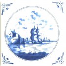 Delft One Blue Ship in a Circle Repro Ceramic 4.25" Accent Tile Kiln Fired Décor