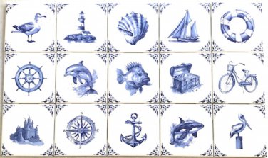 Mottola's Nautical Beach Blue Delft Tiles 15 of 4.25" x 4.25" Shark compass starfish seahorse