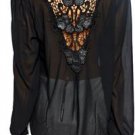 New Vintage Black chiffon crochet back wrapover blouse-12-14 party evening goth