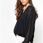 New Vintage Black chiffon crochet back wrapover blouse-12-14 party evening goth