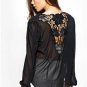 New Vintage Black chiffon crochet back wrapover blouse-12-14 party evening goth