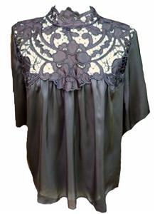 BLACK silky BLOUSE TUNIC swing top high neck lace victorian STEAMPUNK gothic