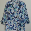 JM Collection Blue Button Down Floral Pattern 100% Linen Split V-Neck Top Sz 18W