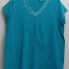 Adonna Teal Lace V-Neck Pajama Top 95% Cotton 5% Spandex Cap Sleeve size Large L