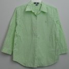 Chaps Large Green & White Gingham Checkered Plaid No Button Slit Cuff Blouse Top