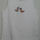 Tia Designs Cowboy / Cowgirl Boots w/ Spurs Applique Sleeveless White Tank Top