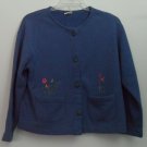 Visible Ink Manitowoc WI Blue Cardigan Button Front Embroidered Flowers Pockets