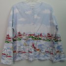 Breckenridge sz Large Snap Down Long Sleeve Birds Boat Sails Water Blue White