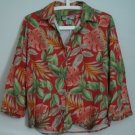 Caribbean Joe Size M Leaf Floral Pattern Red Green Collared 3/4 Sleeve Rayon Top