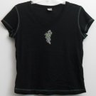 One World Green Silver Studded Flower Exposed Green Stitching on Black V-Neck