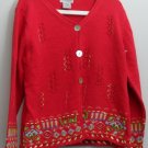 NorthStyle Red Cardigan sz XL Holiday Oyster Shell & Bead Buttons Ribbon Accent