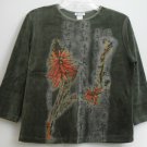 DB Sport Orange Green Flower Bird 3/4 Sleeve Velour Top Japanese Symbols