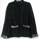 Onque Casual Black Velour Top / Animal Print Faux Fur Trim Sleeves Pockets Large