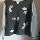 Eddie Bauer 100% Lambs Wool Pullover Notch Neck Sweater w/ Floral Leaf Patches M