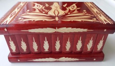 New big huge red wooden wizard jewelry puzzle magic case box hidden brain teaser