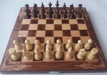 Brown chess set backgammon checkers chesspiece carved beech wood chessboard box