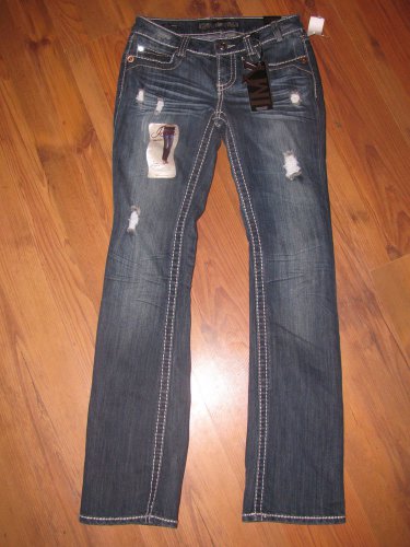 New Junior/Jr Sz 1 YMI Bootcut Iconic Silhouette Big Stitch Blue Jeans w/Bling