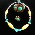 Natural Turquoise Necklace Floral Bracelet Ring set.