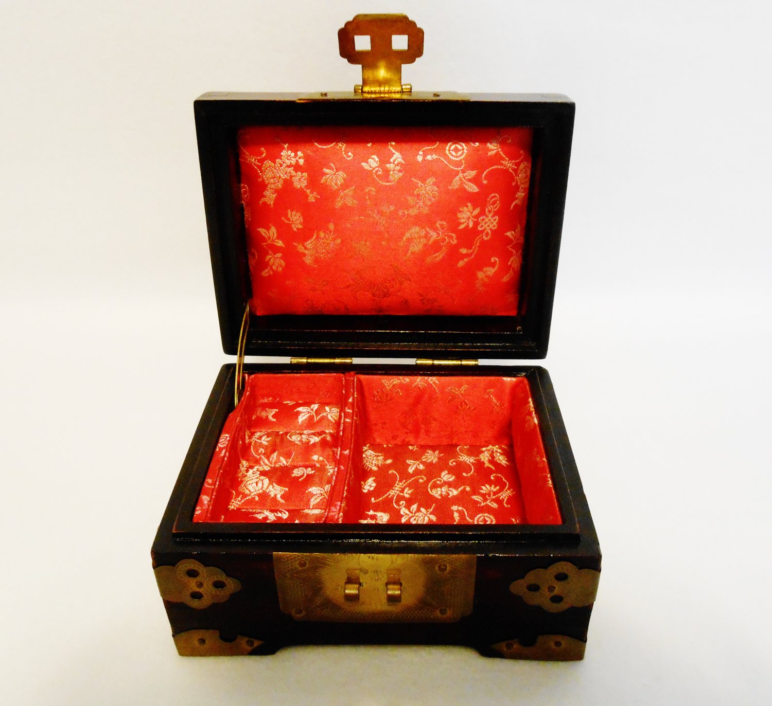 Chinese Jewelry Box Wood Brass and Jade with Red Silk Lining From