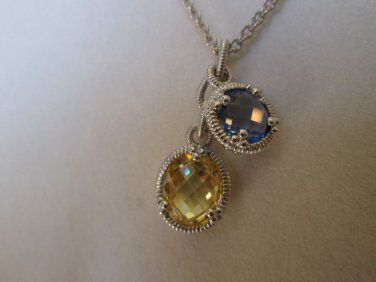 Judith Ripka 2 Stone Blue Quartz & Canary Crystal Drop Necklace Sterling Silver