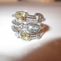 Judith Ripka Three 3 Band Ring Sky Blue Canary Crystal Pave Heart Size 7